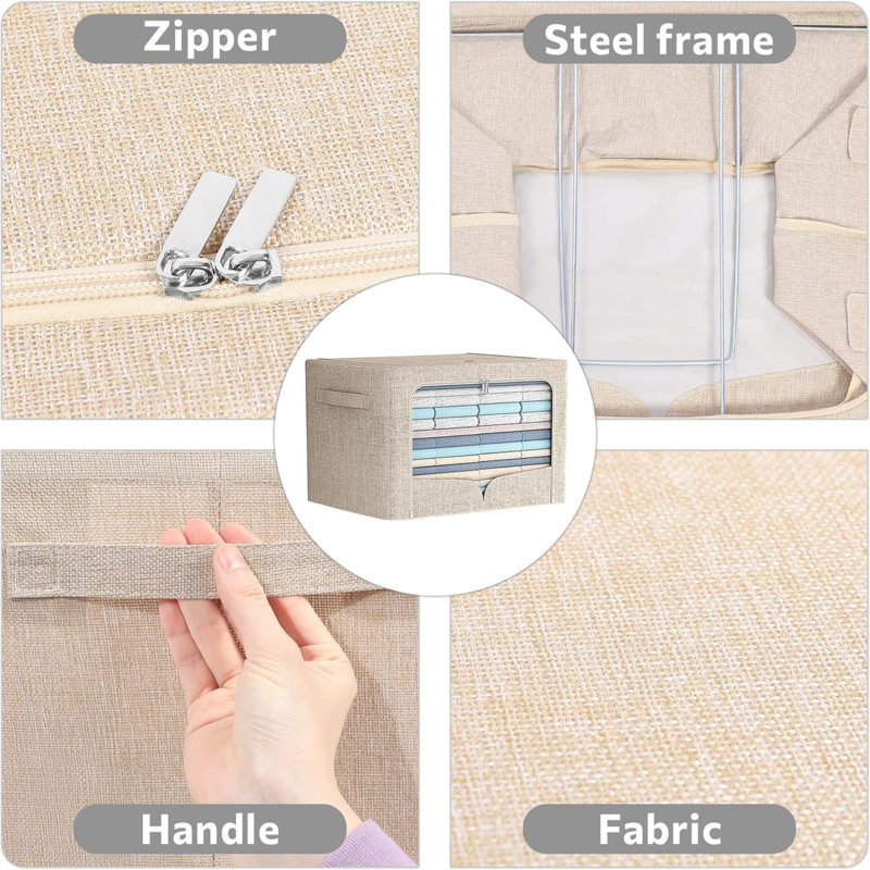 3 Pack Clothes Storage Bins Foldable Metal Frame Storage Box Stackable Linen Fabric Organizer Set With Carrying Handles And Clear Window