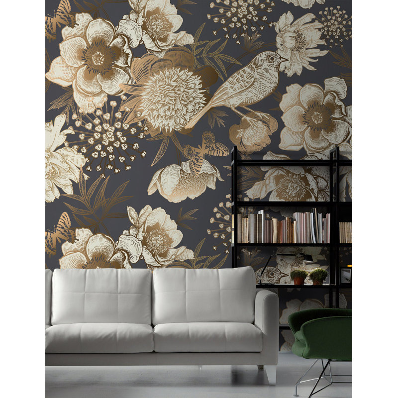 Papier peint amovible pivoines dorées avec oiseaux et papillons, L 9 po x l 15 po