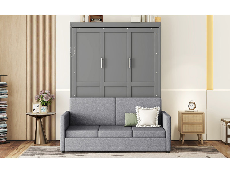 Grand lit escamotable mural avec coussin, grand, Gris