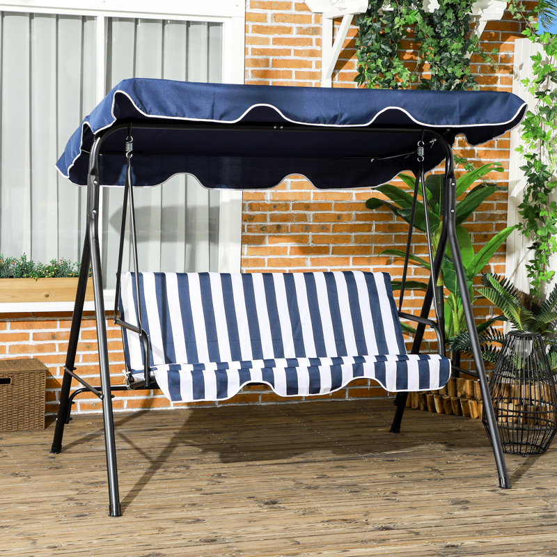Balancelle de patio bleu foncé 3 Coussin amovible. Fabrication en acier. Auvent réglable pour le jardin, la cour. Profitez du plein air. Capacité de charge de 440 lb. L 67,75 po x P 43,25 po x H 60,25 po.