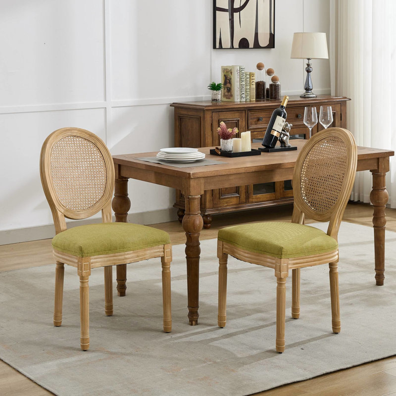 Chaises de salle à manger de style français antique, structure en hévéa massif peint, couleur olive, dossier en lin, idéales pour 2 personnes avec un bon soutien.