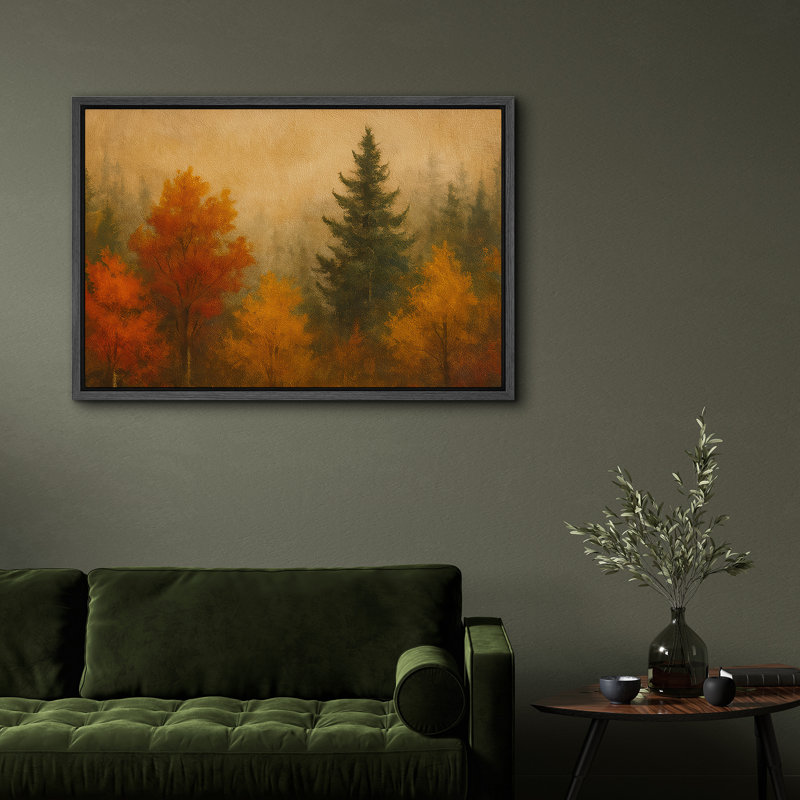 «Golden and Amber Autumn Trees Misty Forest Landscape», reproduction d'art sur toile encadrée, H 16 po x l 24 po