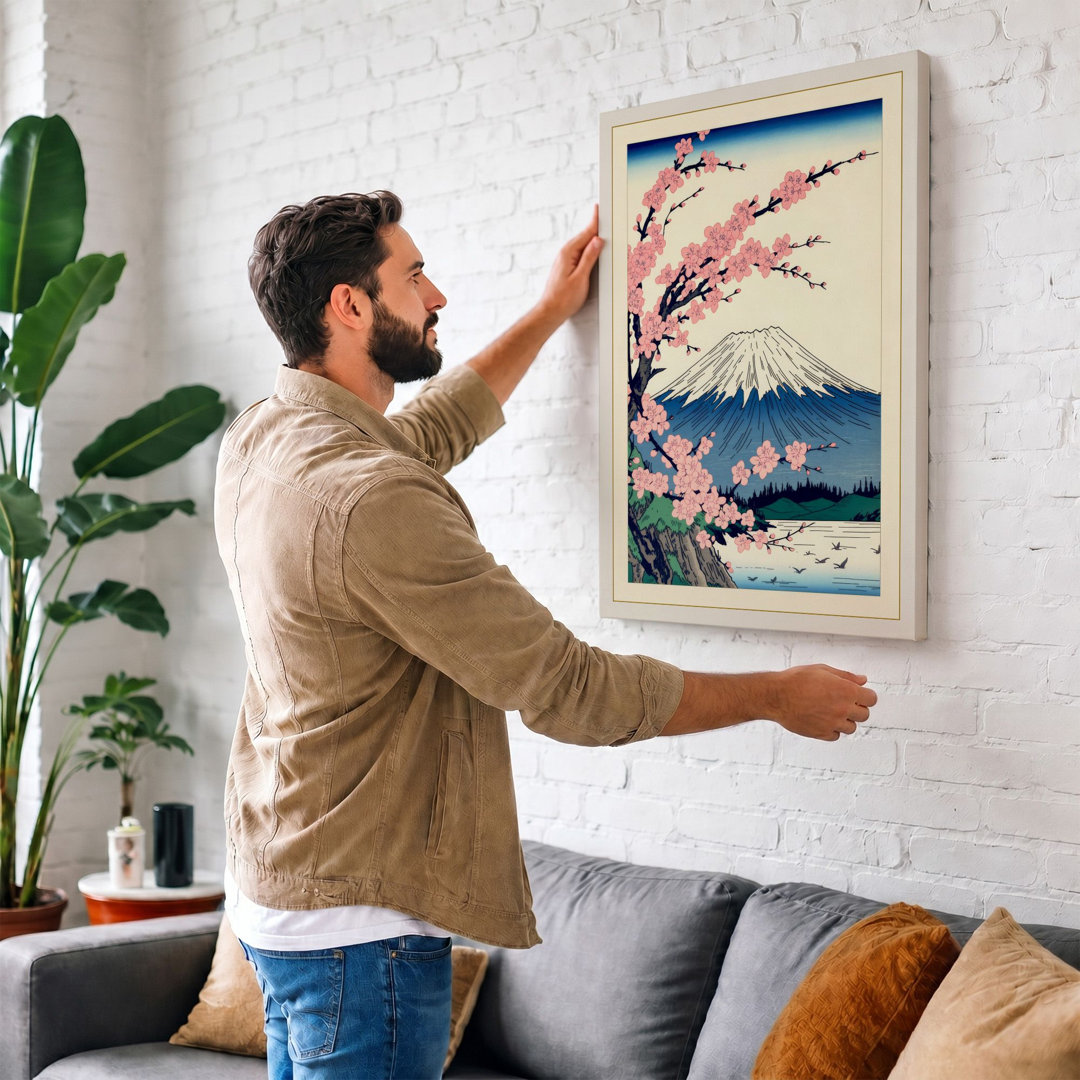 Fuji Under Cherry Blossom Japandi - Wrapped Canvas