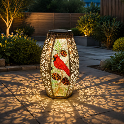 13-Inch Large Waterproof Cardinal Solar Lantern | Glass & Metal Hanging Garden Light for Yard and Patio; Birthday Gift for Women & Mom