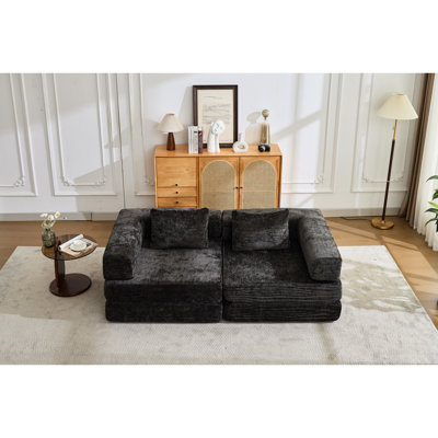 Canapé-lit modulaire convertible, lit à compression, 2 places, chenille, sans assemblage requis, lit en noir, siège sans cadre avec chenille et cadre de forme fixe, pour le confort du salon