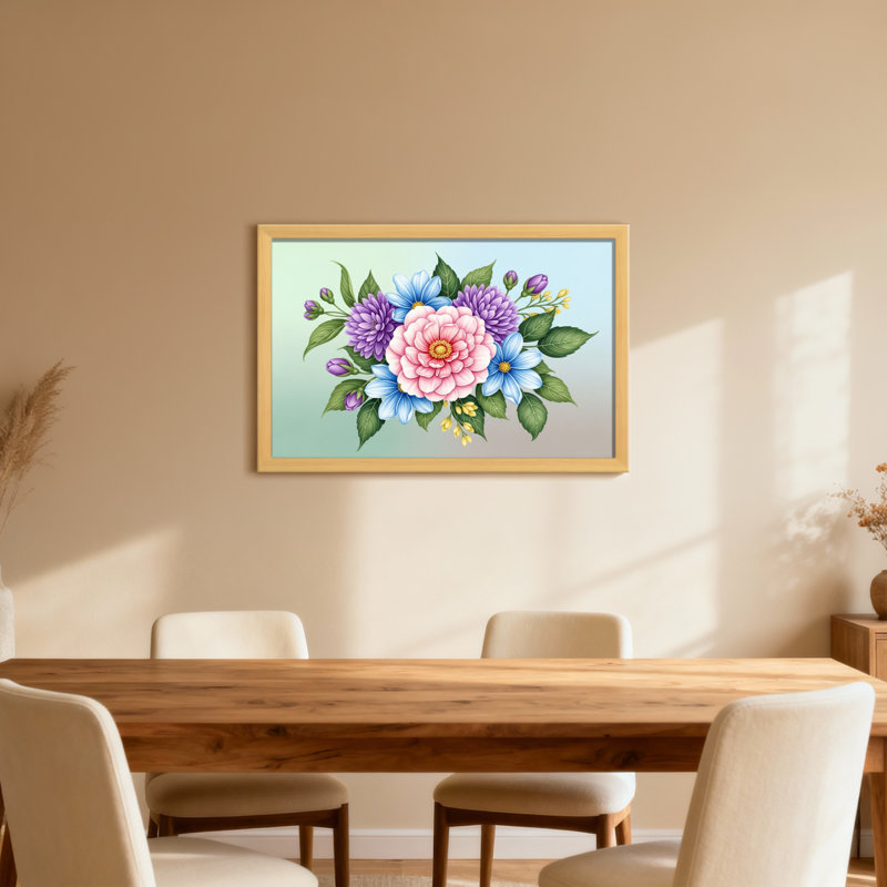 Bouquet de plantes et de fleurs avec fleurs roses, mauves et bleues, H 12 po x l 18 po, Toile tendue, Ne s’applique pas