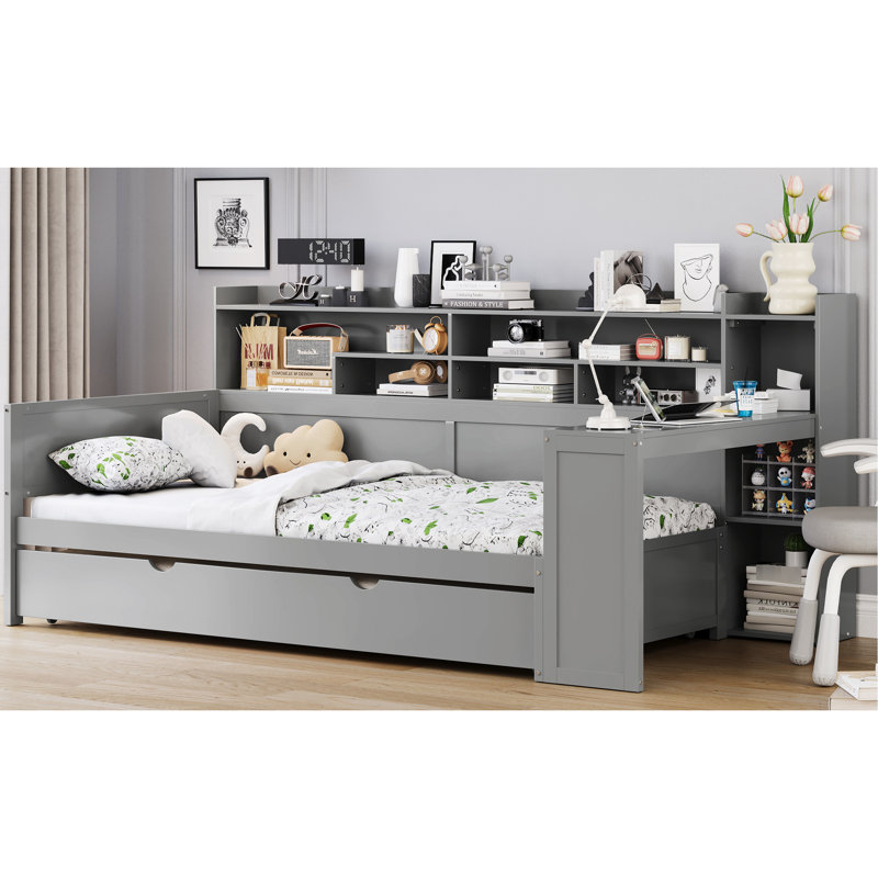 Lit simple gris avec lit gigogne, rangement et bureau d'étude, Lit simple