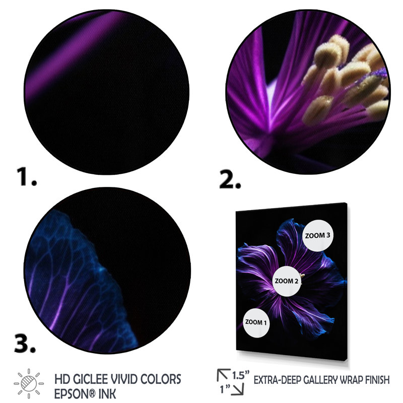 Fusion de fleurs mauves et noires sur toile, H 20 po x l 12 po x P 1 po, Cadre flottant noir