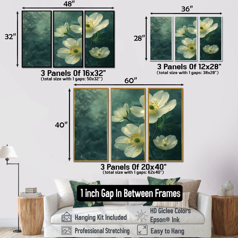 «White Green Buttercups Reflection» 3 pièces, Encadrement argenté, H 32 po x l 48 po