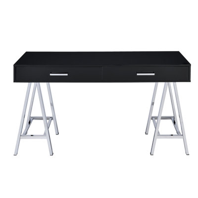 Black High - Gloss Rectangular Writing Desk With 2 Side Metal Drawers And Base Setup, Ideal For Office Work Efficiency, 54" Depth, 22" Width, 32" Heig