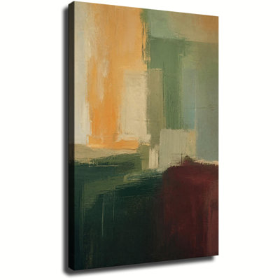 Tableau abstrait vertical vert orange bordeaux imprimé par blocs de couleurs sur toile, décoration murale moderne et neutre.
