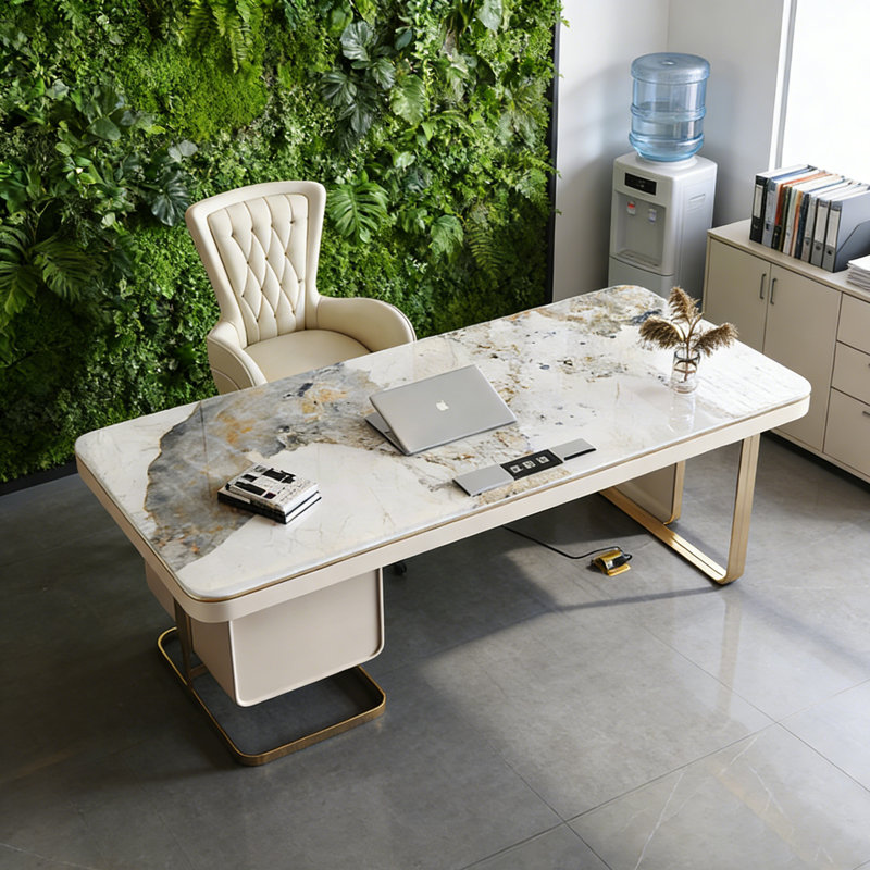 Modern Minimalist High-End Sintered Stone Desk Set Including Chair, 29.53" H x 70.87" W x 27.56" D