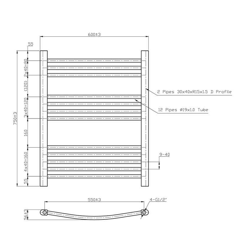 Shirey Curved Towel Rail Heated Towel Rails, 75cm H x 60cm W x 3cm D