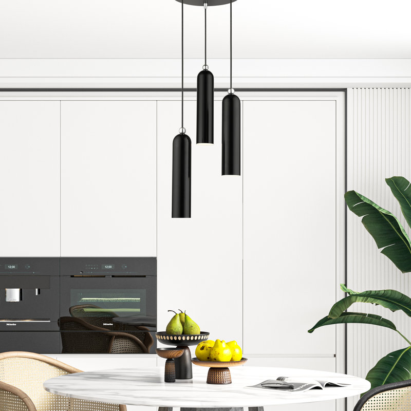 Luminaire suspendu cylindrique à 3 lumières Halle, Noir brillant