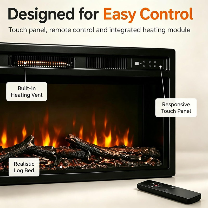 Rebrilliant Black Electric Fireplace Insert, 11.5D x 94.4W x 35.8H