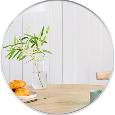 32 Inches Diameter Large Round Wall Mirror In Silver Metal Frame For Bathroom - Shatterproof Film, Reinforced Hooks, Installation Manual Framed Inch Modern Protection, Filler, Easy Kit