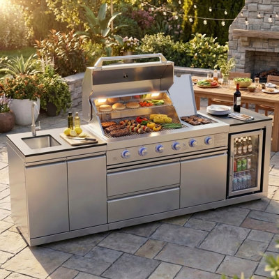 Akoah 3-Piece 6-Burner Stainless Steel Modular Outdoor Kitchen Island with Grill, Refrigerator & Sink  