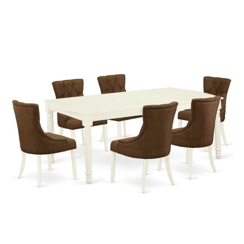 7 Piece Dining Room Table Set Consist of a Rectangle Kitchen Table with Butterfly Leaf and 6 Brown Linen Linen Fabric Parsons Chairs, 42x78 Inch, Linen White