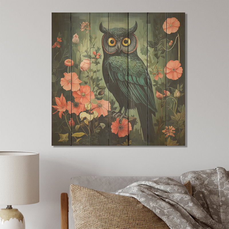 Chouette émeraude de style matisse en vert et rose - animal chouette sur bois, H 30 po x l 30 po