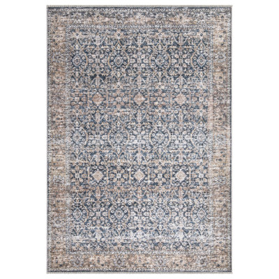 Washable Non-Slip 10x14 Rug - Dark Blue / Tan Traditional Oriental Area Rug