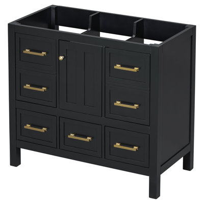 Meuble-lavabo 36 po 36 po en bois massif avec 5 tiroirs en métal et portes autoportantes noires