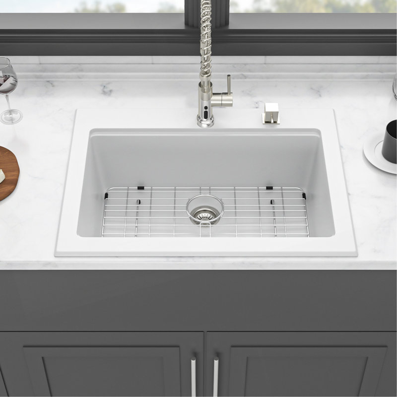Évier de cuisine en quartz - Évier de cuisine encastré en granite blanc 30 po x 22 po x 10 po