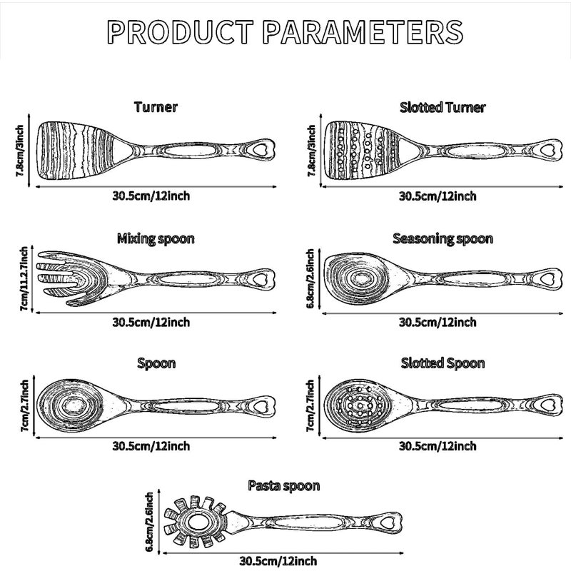 Ensemble d'ustensiles en bois pour la cuisson 7 pièces - Cuillères non résistantes aux égratignures avec trous de suspension pour un rangement facile