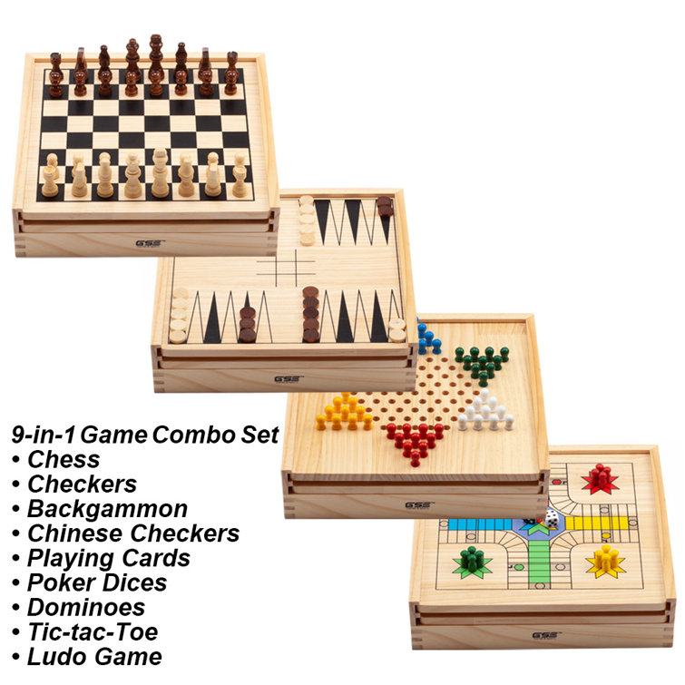 Offelec 9 in 1 Wood Board Classic Games Set Include Chess, Checkers,  Backgammon, Ludo, Nine Men's Morris, Dominoes, Playing Cards, Cribbage, and  Pick