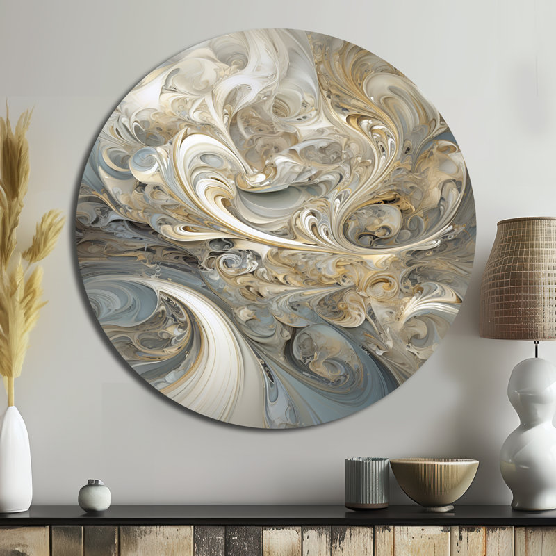 Fractal Whirl In Retro Gold And White - Abstract Round Metal Art, 36" H x 36" W x 1" D