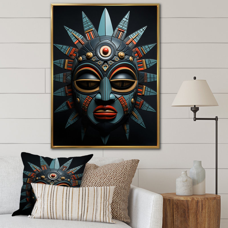 Buok, masque tribal africain Chokwe, H 44 po x l 34 po x P 1,5 po, Cadre flottant doré