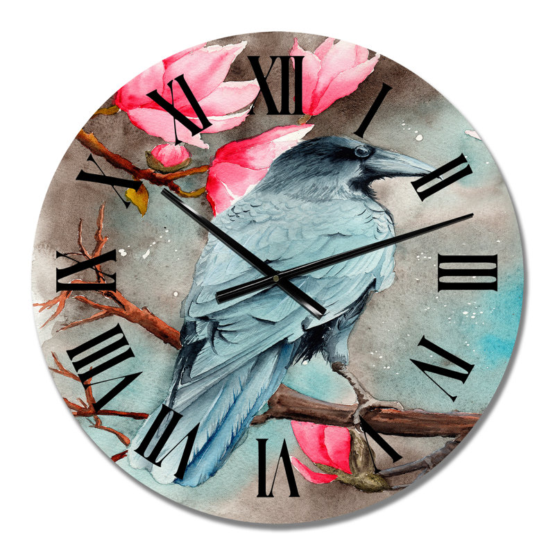 Un corbeau sur les branches de magnolia avec des fleurs - Horloge murale traditionnelle, Moyen