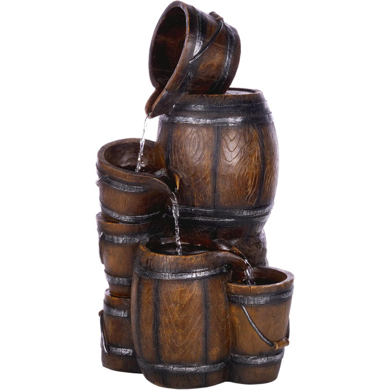 Outdoor Rustic 4-Tiered Barrels And Buckets Water Floor Fountain - Farmhouse Style, 24 Inch Tall, Brown