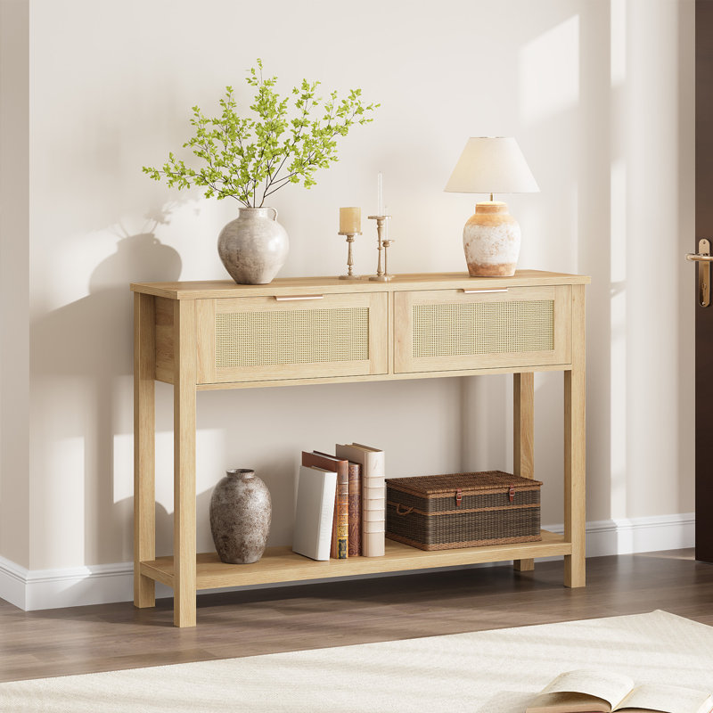 Rattan Entryway Table, Boho Console Table with Drawers, 2 Tier Sofa Table with Storage, Wooden Console Table for Entryway, Living Room, Hallway, Foyer