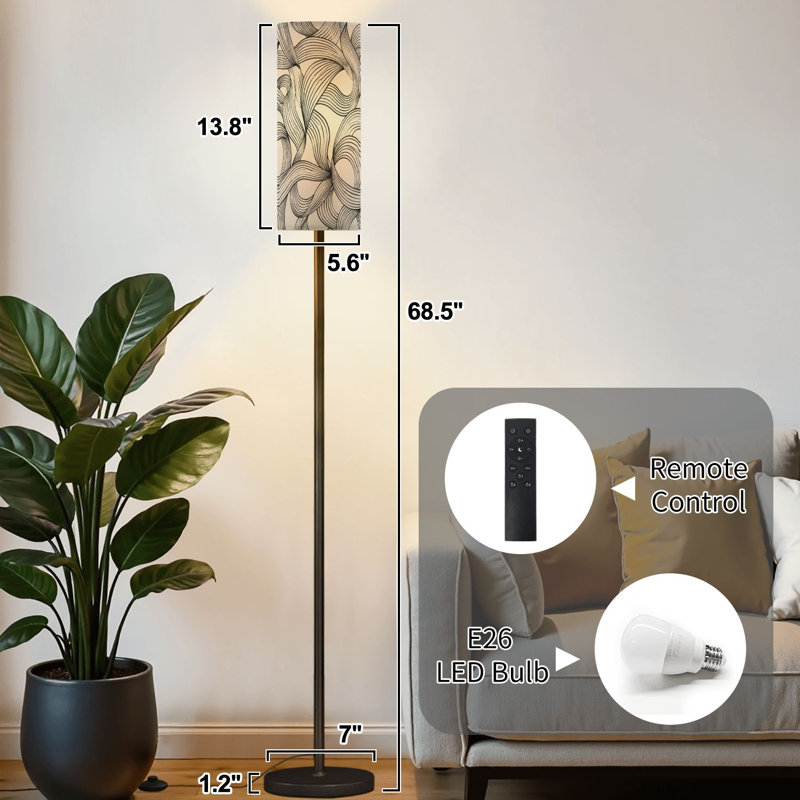 Lampe sur pied noire et blanche à lignes abstraites et ondulées beige avec lumière à intensité variable et interrupteur au pied à télécommande