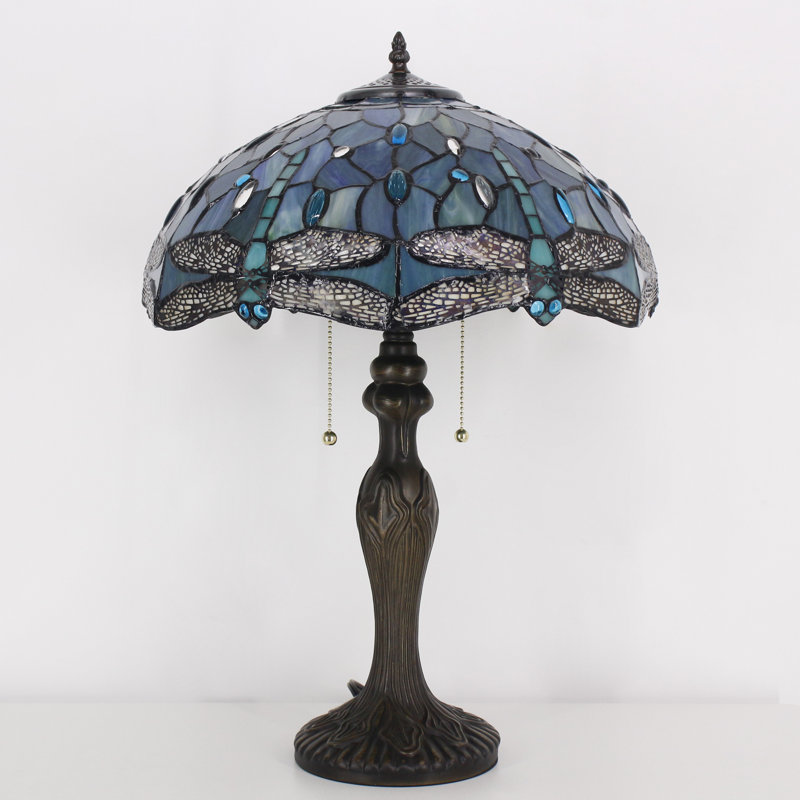 Tiffany Table Lamp Stained Glass Dragonfly Style 16X16X24 Inch Antique Reading Light, Sea Blue