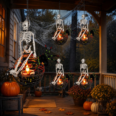 4-Piece Solar Halloween Hanging Ball Light Set with Skull Design | Rust-Iron Waterproof Flickering Tea Lanterns for Porch, Yard, Garden, Tree, Party & Holiday Decor