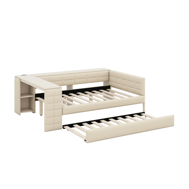 Lit plateforme tapissier pleine grandeur avec tablettes, bureau, lit gigogne et station de charge, Beige