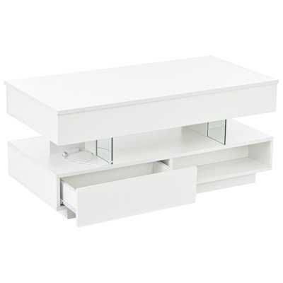 39.3" Lift Top Coffee Table, Hidden Compartment, 2 Drawers, Adjustable LED Lights, Multifunction Modern White Table For Living Room | Gift Idea