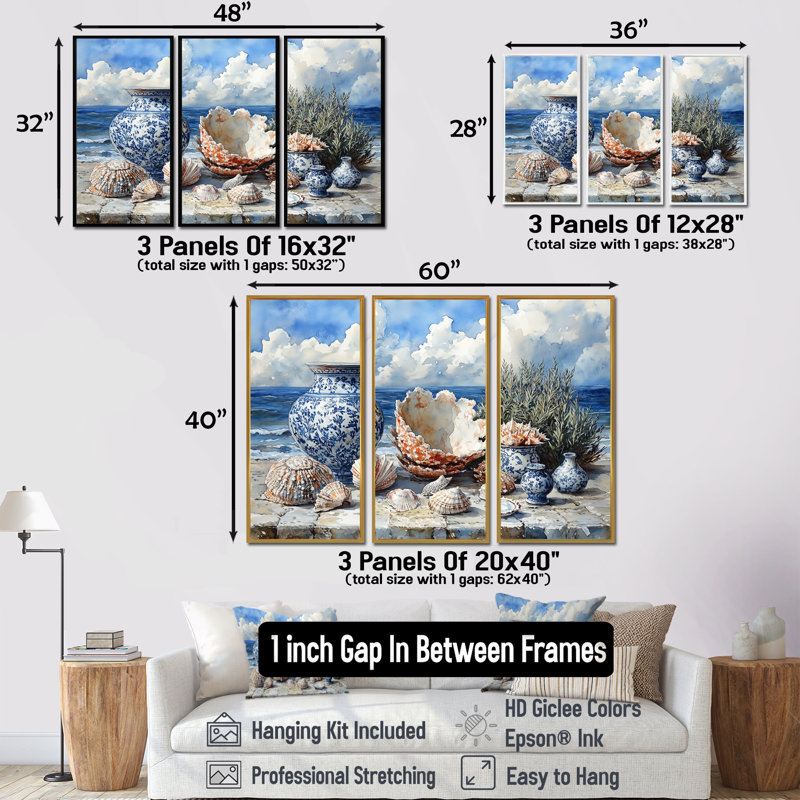 Beach Pottery in Blue and White Tones V - Ensemble d'art mural de poterie de plage, H 28 po x l 36 po x P 1 po