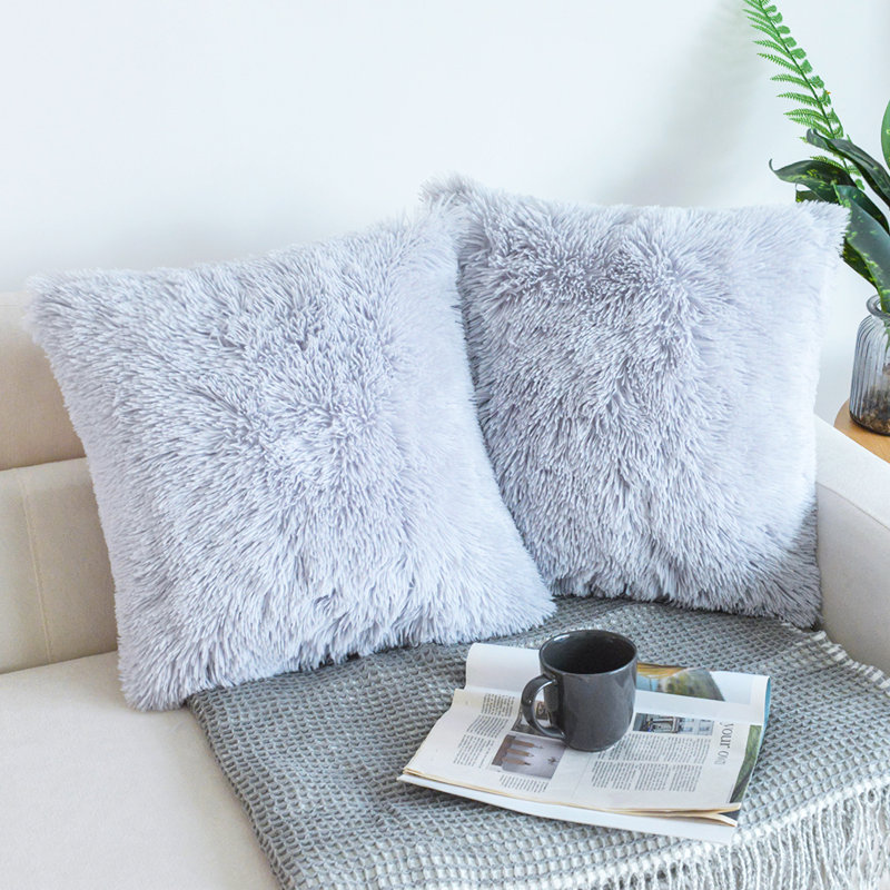Light Gray Plush Faux Fur Euro Pillow Covers, Set of 2