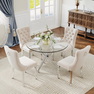 5-Piece Modern Round Pedestal Dining Set with Velvet Tufted Dining Chair for Dining Room and Living Room