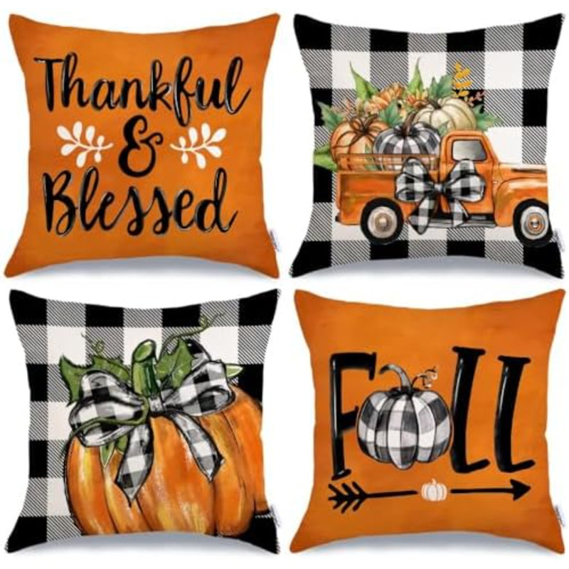 Coussins décoratifs d'automne 20 x 20 pouces, ensemble de 4 taies décoratives d'automne pour la maison, Orange, Square 20"