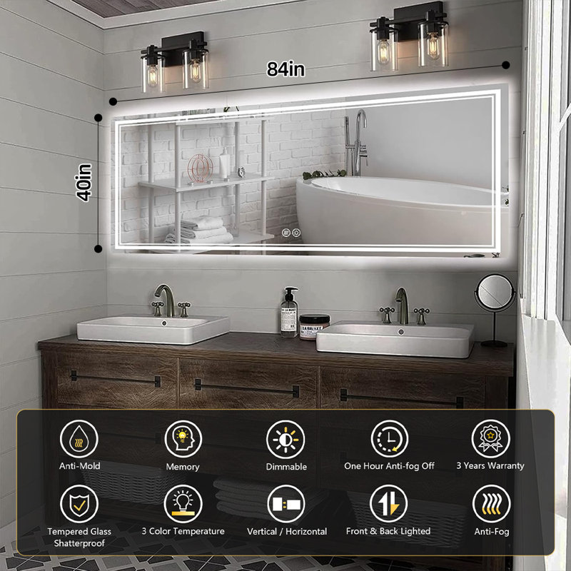 Chrisna UL Certified LED Bathroom Vanity Mirror, Front & Backlit, Anti-Fog Tempered Glass with 3-Year Warranty, 84"×40"