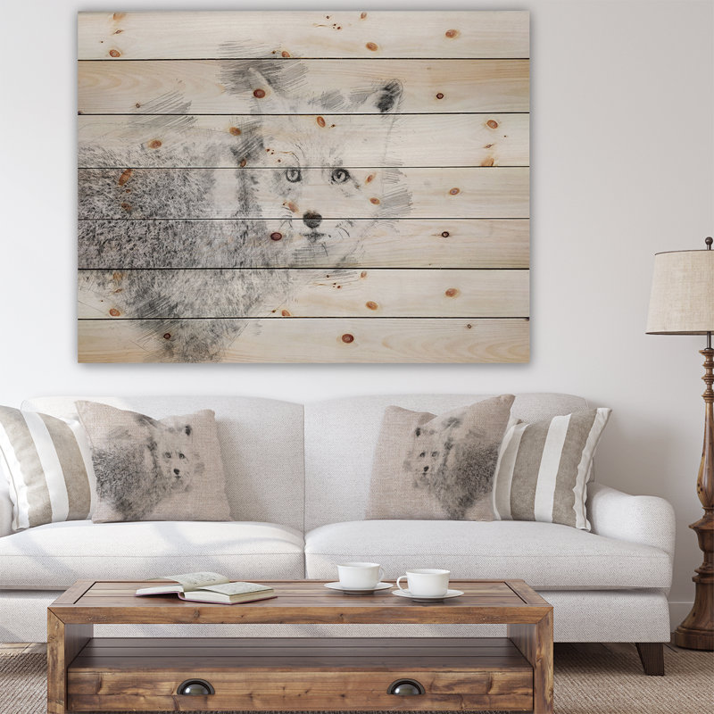 Croquis de renard noir et blanc - peinture sur bois sans cadre, H 16 po x l 32 po x P 1 po