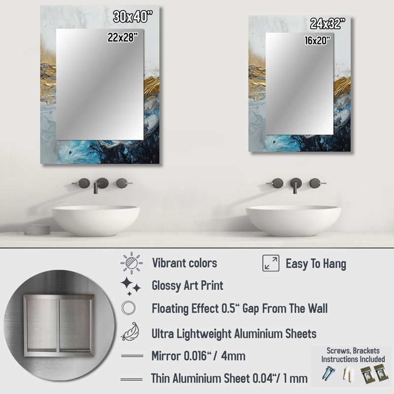 Grey Gold Modern Abstract Contemporary IV - Marble Large Wall Mirror, Modern Unique Mirror, Printed Metal Art, 32" x 24"