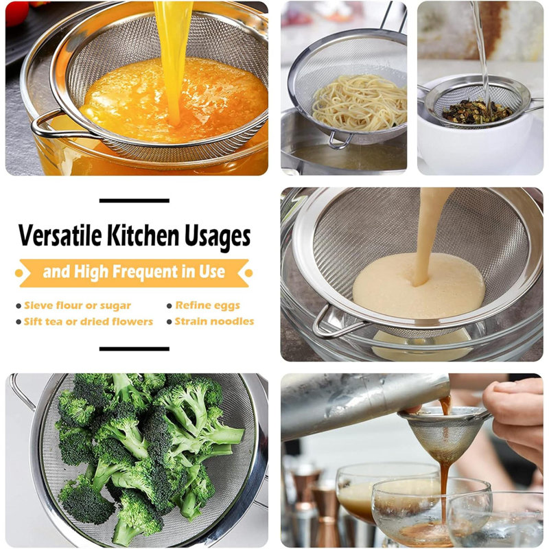 Crépines à mailles fines en acier inoxydable, ensemble de 3 tamis pour la cuisine, tamis à fil avec poignée isolée, passoire pour outils de cuisson, préparation des aliments, tamis à farine, riz, passoire à pâtes