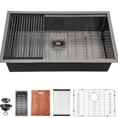 Évier de cuisine 28 po x 18 po x 10 po en acier inoxydable noir de calibre 16, efficacité du poste de travail, drain en douceur, atmosphère silencieuse avec gabarit et kit de réduction du bruit Finition en acier, calibre, pratique, facile