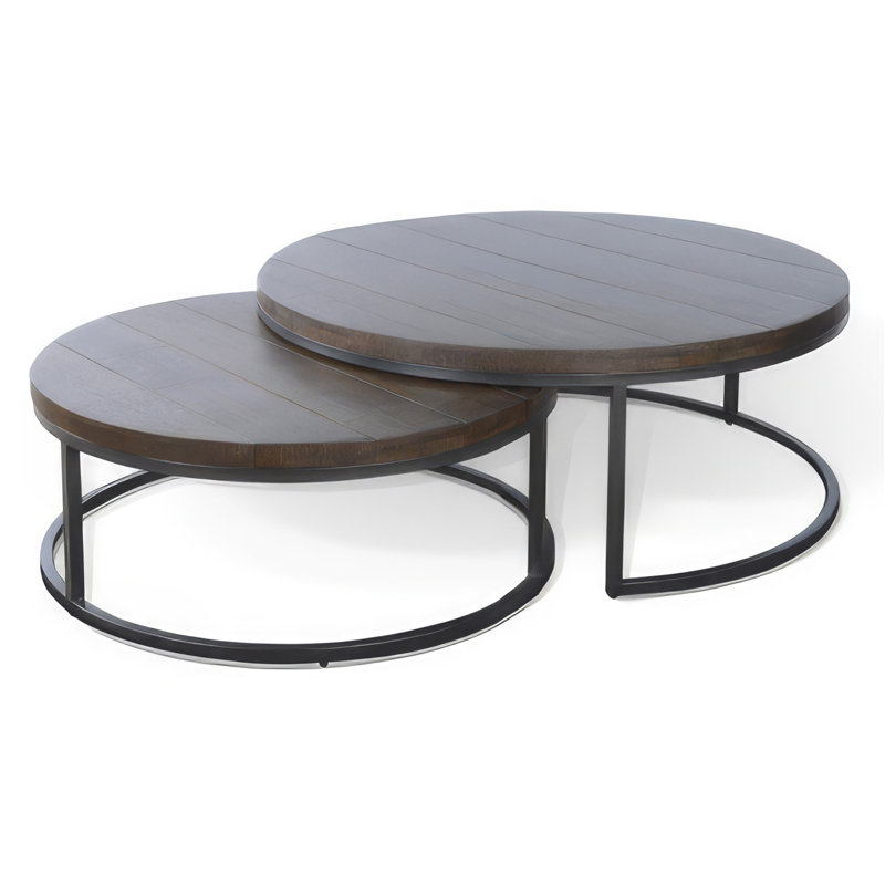 Tables basses gigognes 2 pièces Rena, acajou brun foncé, métal noir