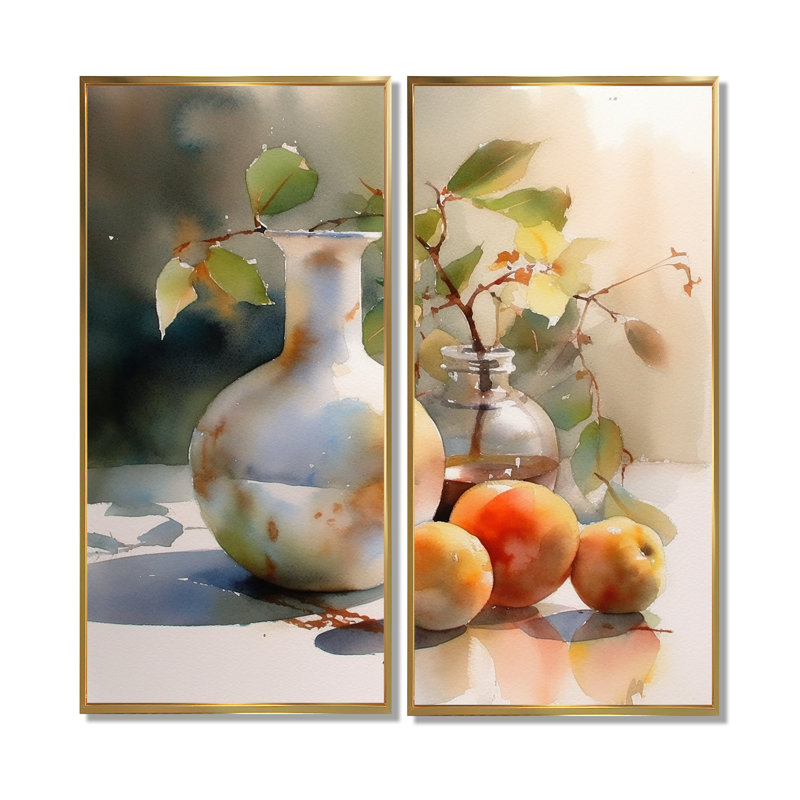 Simple Nature morte fruits et pichets I - Art mural de cuisine à charme champêtre 2 panneaux, 40'' H x 40'' W, Gold