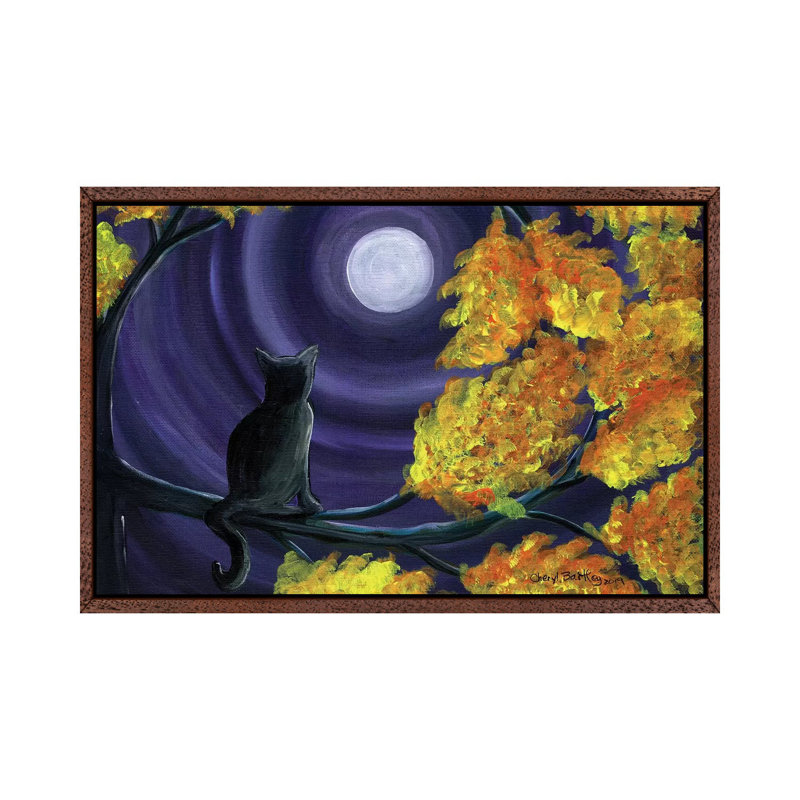 Autumn Black Cat by Cheryl Bartley - Print on Canvas, 101.6 cm H x 66.04 cm W, Classic Brown Wood Framed